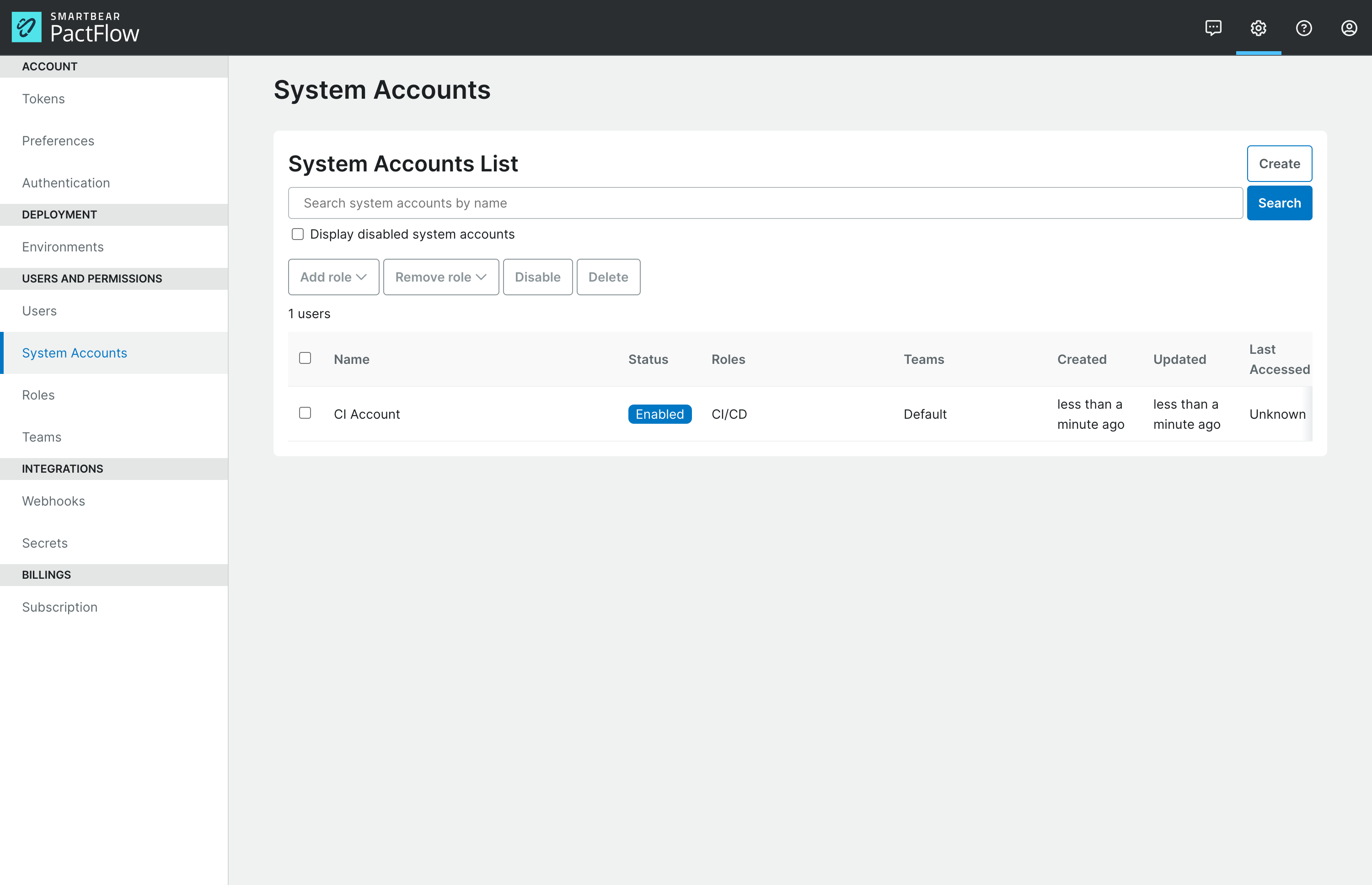 System Accounts Screen